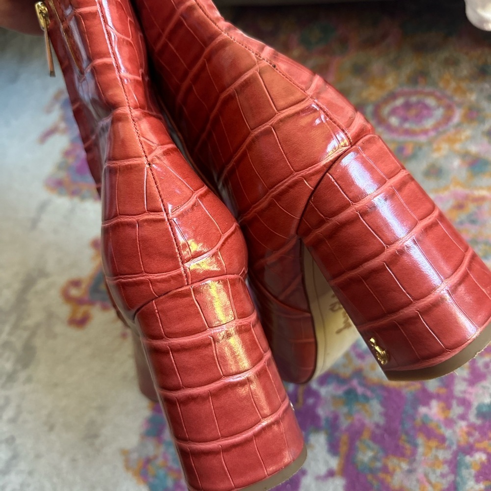 Sam Edelman Red Orange Croc-Embossed Block Heel Ankle Boots - Picture 4 of 8